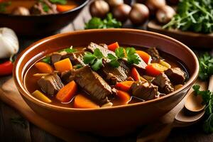 a bowl of beef stew with carrots and parsley. AI-Generated photo