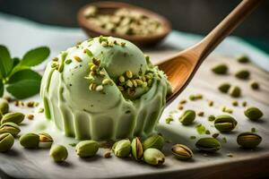 pistachio ice cream with a wooden spoon. AI-Generated photo