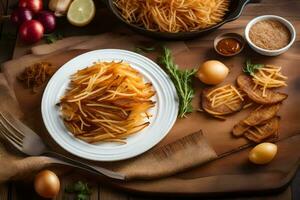 fried potatoes with eggs and other ingredients on a wooden table. AI-Generated photo