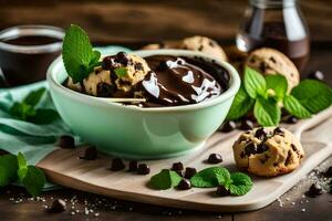 chocolate chip cookies with mint leaves and chocolate sauce. AI-Generated photo