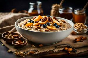 oatmeal with nuts and fruit in a bowl. AI-Generated photo