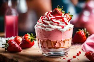 a dessert with strawberries and whipped cream. AI-Generated photo