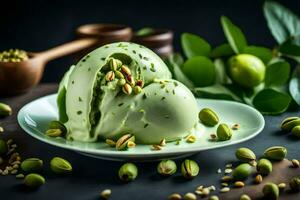 green pistachio ice cream with pistachio nuts on a plate. AI-Generated photo