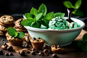 chocolate chip cookies and mint ice cream in a bowl. AI-Generated photo