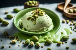 pistacho hielo crema en un cuenco con pistacho nueces. generado por ai foto