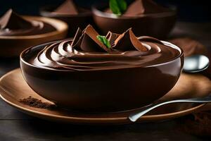 chocolate pudding in a bowl. AI-Generated photo