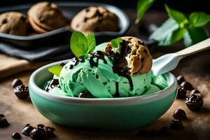 ice cream with mint chocolate chip cookies in a bowl. AI-Generated photo