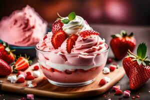 a dessert with strawberries and whipped cream. AI-Generated photo