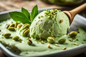 pistachio ice cream in a bowl with pistachio nuts and a spoon. AI-Generated photo