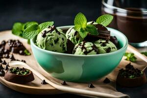 chocolate menta hielo crema en un cuenco con menta hojas y chocolate papas fritas. generado por ai foto