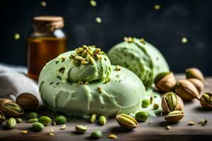 pistachio ice cream with pistachio nuts and pistachio ice cream with pist. AI-Generated photo