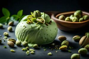 a green ice cream with pistachios and nuts. AI-Generated photo