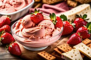 strawberry ice cream in a bowl with crackers and cheese. AI-Generated photo