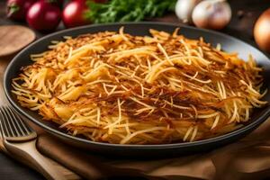 potato hash browns in a black bowl. AI-Generated photo