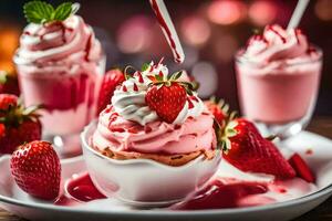 strawberry ice cream with whipped cream and strawberries. AI-Generated photo