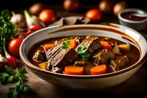 a bowl of beef stew with vegetables and carrots. AI-Generated photo