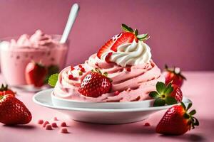 a strawberry ice cream with whipped cream and strawberries. AI-Generated photo