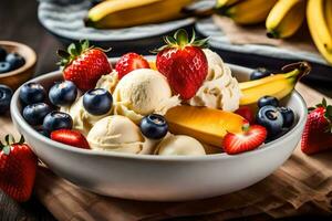 a bowl of ice cream with strawberries, blueberries and bananas. AI-Generated photo