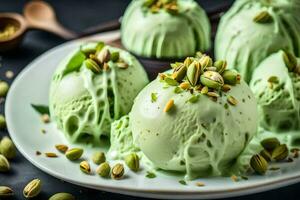 green ice cream with pistachios on a plate. AI-Generated photo