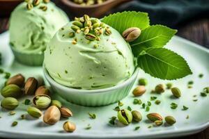 pistachio ice cream with pistachio nuts on a white plate. AI-Generated photo