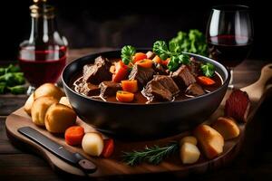 beef stew with vegetables and potatoes on a wooden board. AI-Generated photo