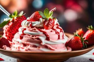 un cuenco de hielo crema con fresas y azotado crema. generado por ai foto