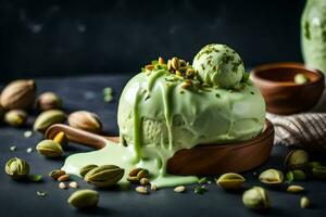 pistachio ice cream with pistachio nuts on a dark background. AI-Generated photo