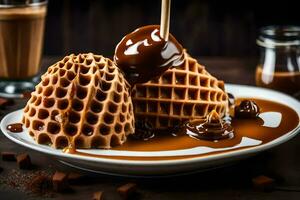 a waffle with caramel and chocolate syrup on top. AI-Generated photo