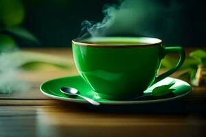 green tea in a cup on a wooden table. AI-Generated photo