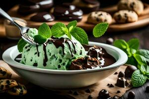 chocolate mint ice cream with cookies and mint leaves. AI-Generated photo