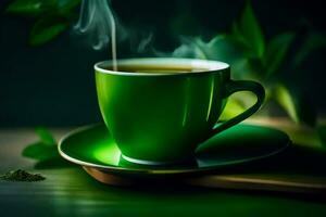 a cup of green tea with a leaf on the side. AI-Generated photo