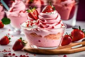 strawberry ice cream with whipped cream and strawberries. AI-Generated photo