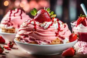 dos gofres con fresa hielo crema y azotado crema. generado por ai foto