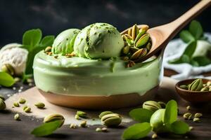 pistacho hielo crema en un de madera cuenco con pistacho nueces. generado por ai foto