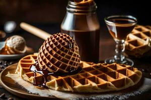 waffles with chocolate syrup and coffee beans on a wooden table. AI-Generated photo