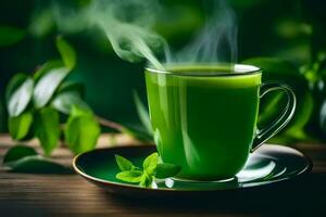 a cup of green tea with mint leaves on a wooden table. AI-Generated photo