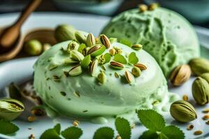 two ice cream scoops with pistachios and mint leaves. AI-Generated photo