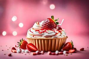 a cupcake with strawberries and whipped cream on a pink background. AI-Generated photo