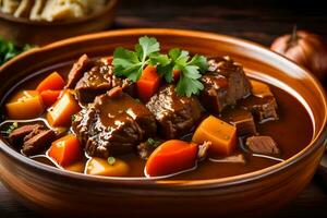 un cuenco de carne de vaca estofado con zanahorias y papas. generado por ai foto