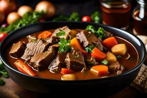 a bowl of beef stew with carrots and potatoes. AI-Generated photo