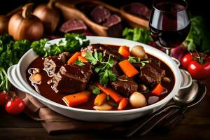 carne de vaca estofado en un blanco cuenco con zanahorias y vegetales. generado por ai foto