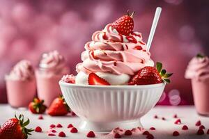 a bowl of ice cream with strawberries and whipped cream. AI-Generated photo