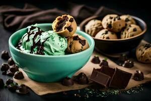 chocolate chip cookies and mint ice cream in a bowl. AI-Generated photo