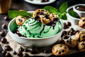 chocolate chip cookies and mint ice cream in a bowl. AI-Generated photo