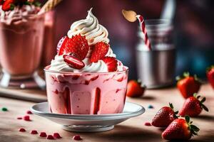 a strawberry milkshake with whipped cream and strawberries. AI-Generated photo