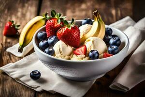 a bowl of ice cream with strawberries, blueberries and bananas. AI-Generated photo