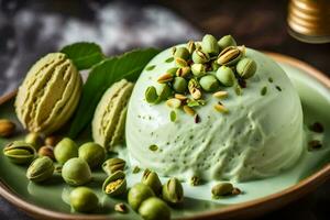 pistachio ice cream with pistachio nuts and pistachio leaves on a plate. AI-Generated photo