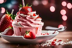 a cupcake with strawberries and whipped cream. AI-Generated photo