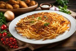 un plato de francés papas fritas con salsa y vegetales. generado por ai foto