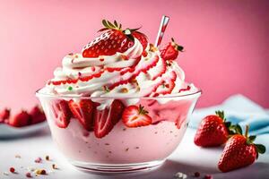 a strawberry sundae with whipped cream and strawberries. AI-Generated photo